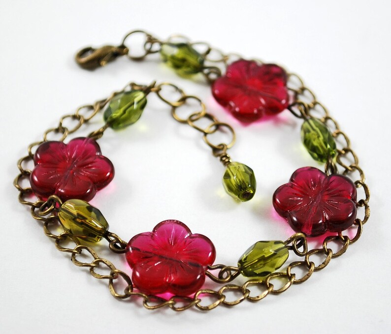 Cranberry and olive flower bracelet image 1