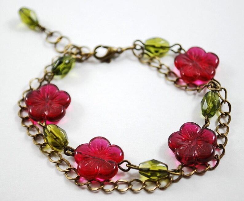Cranberry and olive flower bracelet image 2