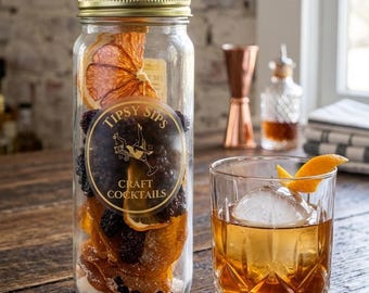 May include: A clear glass jar with a gold lid containing dried orange slices, blackberries, and sugar, labeled Tipsy Sips Craft Cocktails. Beside it sits a crystal-cut glass filled with an amber liquid, a large round ice sphere, and an orange peel garnish.