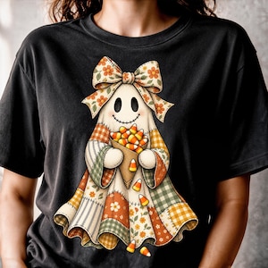 Patchwork Ghost PNG, godismajsblommig Halloween-skjortadesign, söt Cottagecore Girly Ghost sublimering höst digital nedladdning