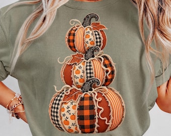 Gequilte pompoenen PNG, ragfijne quiltapplicatie pompoenstapel sublimatie, boerderij herfststof clipart, herfst shirt ontwerp