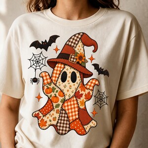 Duch czarownicy Png, Haft sztuczny Halloween sublimacja, Patchworkowy kapelusz czarownicy Duch Png, Pikowany jesienny duch Clipart, Projekt koszulki czarownicy