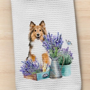 Sheltie Towel, Shetland Sheepdog Towel,  Kitchen Towel, Lavender Dog Towel, Sheltie, Waffle Weave Towel, Dog Lover Towel, Dog Gift