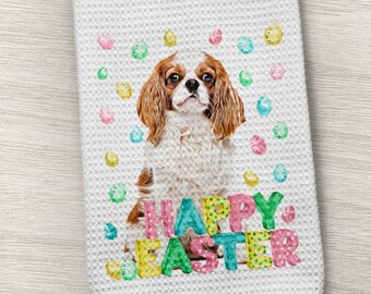 Dog Towel, Easter Cavalier Spaniel, King Charles Spaniel Towel, Cavalier Spaniel Towel, Kitchen Towel, Dog Kitchen Towel, Waffle Weave Towel