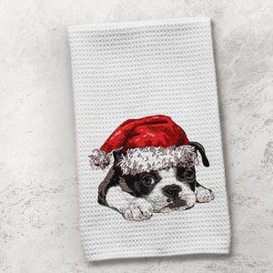 Boston Terrier Towel, Terrier Dog Towel, Christmas Towel, Kitchen Towel, Dog Towel, Waffle Weave Towel, Boston Terrier Kitchen Towel