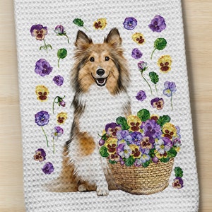 Sheltie Towel, Shetland Sheepdog Towel,  Kitchen Towel, Flower Sheltie Towel, Sheltie, Waffle Weave Towel, Dog Gift, Flower Dogs