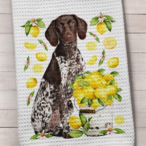 GSP Dog, German Shorthair, German Shorthaired Pointer, Kitchen Towel, GSP with lemons, Dog Kitchen Towel, German Pointer Towel