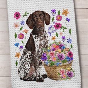 GSP Dog, German Shorthair, German Shorthaired Pointer Kitchen Towel, German Shorthair Dog with flowers, Dog Gift Towel, German Pointer Towel