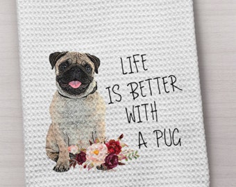 Personalized Housewarming Gift Funny Pug Dog Hand Towels Pug Kitchen Towel Custom Waffle Weave Towel Christmas Tea Towel