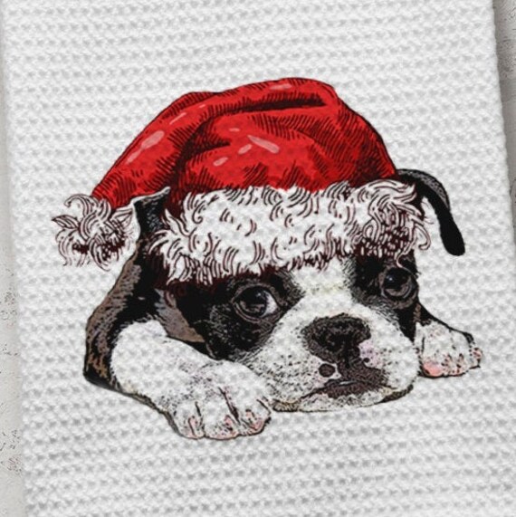 Boston Terrier Holiday Waffle Weave Microfiber Towel Christmas