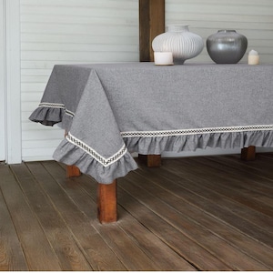 Custom Linen Tablecloth with Ruffled - Round, Rectangle, Square Tablecloths, Eco-Friendly Farmhouse Table Cover, Natural Wedding Table Decor