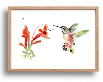 Hummingbird art print, hummingbird watercolor print, bird art, humming bird and flower, mothers day, nursery decor, bird lover, cottage chic