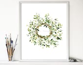 art print Mistletoe wreath. wreath watercolor print , Christmas decor Christmas plants, green, home and living, Mistletoe watercolor