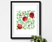 Pomegranates art print, Pomegranate watercolor print, fruit art print, kitchen art, Judaical art, Rosh Hashanah, garnet red, Green leaves