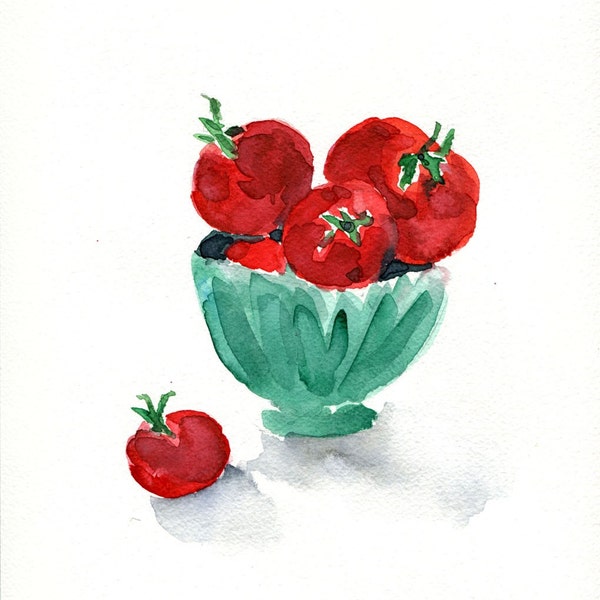 Tomatoes in a bowl No.2 watercolor painting in Red and Mint green