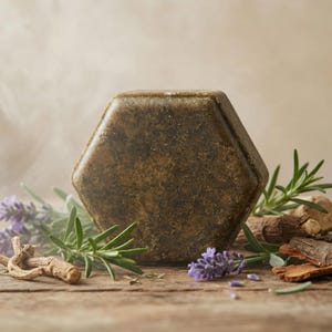 Pode incluir: Uma barra hexagonal de sabonete castanho-escuro com textura. O sabonete está rodeado por ramos de alecrim verde, flores de alfazema roxas e pequenos pedaços de casca de madeira clara, dispostos sobre uma superfície de madeira rústica.