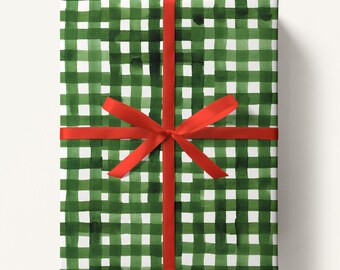 Green Watercolor Gingham Gift Wrap, Hand Painted Holiday Paper