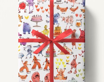 May include: A wrapped gift with white wrapping paper featuring colorful cartoon monsters, cakes, chickens, and hearts. The gift is tied with a red ribbon and bow, perfect for birthdays or celebrations.