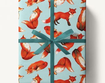 Fox Wrapping Paper, Vibrant Hand Painted Foxes on Blue