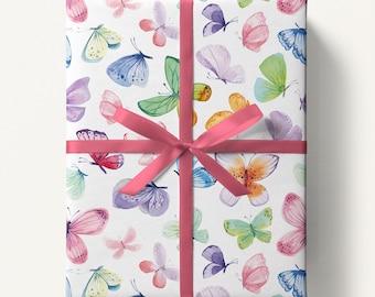 Watercolor Butterfly Wrapping Paper, Girly Gift Wrap, Birthday Present Wrap