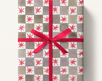 Pink Christmas Star Wrapping Paper, Watercolor Check Gift Wrap