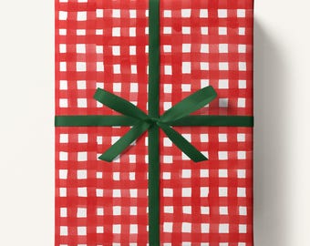 Red Gingham Watercolor Gift Wrap, Hand Painted Plaid, Holiday Paper Wrapping