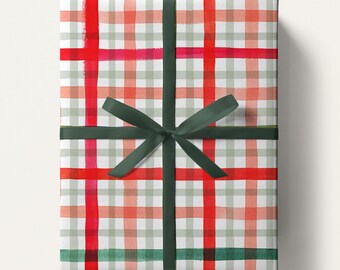 Watercolor Plaid Gift Wrapping, Christmas Colors, Red, Green and Blush Pink