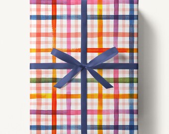 Rainbow Gingham Plaid Wrapping Paper, Watercolor Hand Painted