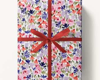 Watercolor Pink, Purple and Orange Floral Wrapping Paper, Meadow Flowers Gift Wrap