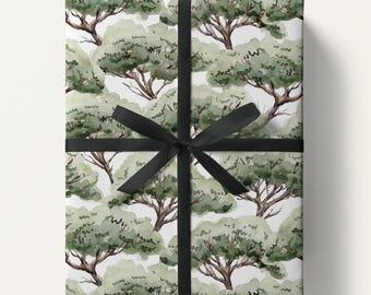 Forest Wrapping Paper, Green Woodland Gift Wrap, Hand Painted Watercolor Trees