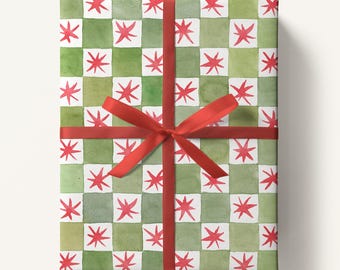 Christmas Star Wrapping Paper, Watercolor Check Gift Wrap