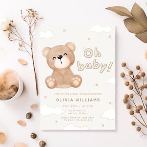 Modello modificabile "We Can Bearly Wait" per invito baby shower, invito baby shower "We Can Bearly Wait" per invito baby shower neutro con orsacchiotto