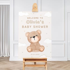 Cartello di benvenuto modificabile per baby shower con orsetto bruno, poster per baby shower "Non vediamo l'ora", cartello da giardino con decorazione per baby shower con orsetto boho per bambine e bambini