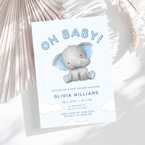 Invitación para baby shower de niño con elefante Invitación para baby shower de elefante azul Invitación para baby shower de niño con elefante Plantilla de invitación para baby shower de niño