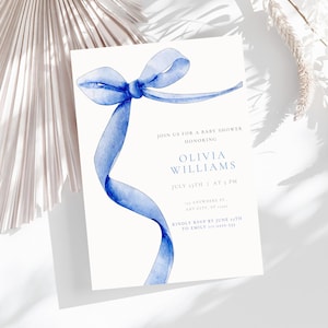 Blue Bow Baby Shower Invitation Template Printable Baby Boy Invite Blue Coquette Baby Shower Invite, Baby Shower Invitation Boy Coquette Bow