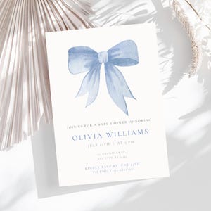 Blue Bow Baby Shower Invitation Template Printable Baby Boy Invite Blue Coquette Baby Shower Invite, Baby Shower Invitation Boy Coquette Bow