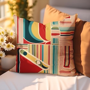 Retro Shapes And Lines Pop Art Cushion Cover Colorful 70s Throw Pillow Vintage Abstract Geometric Pattern For Funky Living Room Decor