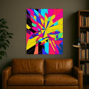 May include: Abstract art print featuring a vibrant explosion of colors. The artwork showcases a dynamic composition with geometric shapes in shades of pink, yellow, blue, and black. The piece is displayed on a wall above a brown leather sofa.