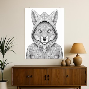 Fox In Hoodie Fine Line Art Animal Illustration Modern Black And White Ink Drawing For Cool Wall Decor Kids Room Office Or Gift Idea