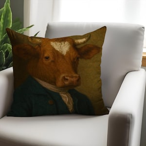 Vintage Cow Cushion | 18th Century Animal Portrait Pillow | Rustic Farmhouse Decor | Unique Country Style Gift For Farmers And Cow Lovers