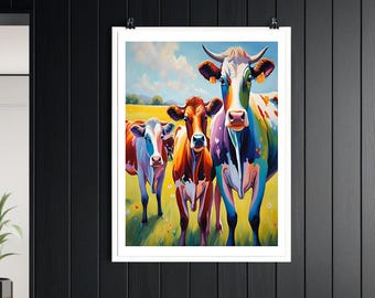 Colorful Cows Print: Whimsical Farm Animal Painting, Country Wall Art