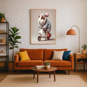 Niedliche Meerschweinchen Illustration Auf Dem Scooter Im Kuscheligen Pullover Poster Lustige Tier Illustration für Kinderzimmer Kunst Ungerahmt Kunstdruck