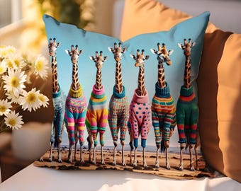 Giraffes in Jumpers Throw Pillow: Whimsical Animal Art Cushion