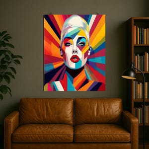 1980s Pop Art Portrait Print: Retro Geometric Woman, Neon Rainbow