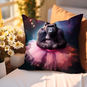 Ballerina Gorilla Throw Pillow: Whimsical Tutu Ape Cushion