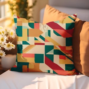 Geometric Pop Art Pattern Cushion Cover Bold Retro Abstract Cushion In Red Green Yellow And Beige Mid Century Modern Throw Pillowcase