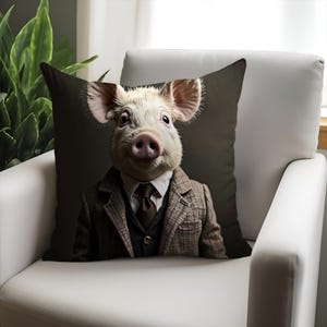 Sepia Pig Cushion | Vintage Animal Portrait Throw Pillow | Farmhouse Rustic Decor | Quirky Country Animal Gift For Home And Living