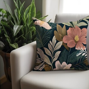 Bohemian Floral Cushion With Large Hibiscus Style Flowers On Dark Background Modern Botanical Throw Pillow Gift For Her Or Home Decor