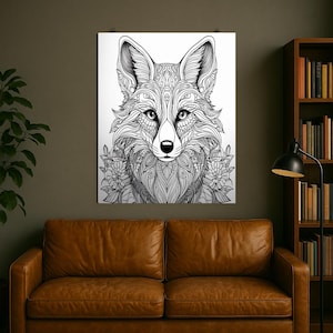 Intricate Fox Line Art Print Black And White Woodland Animal Wall Decor Fine Line Drawing For Coloring Nature Inspired Forest Illustration