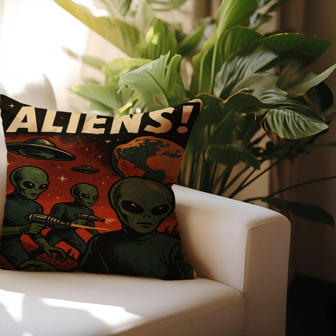 Retro Alien Invasion Cushion Vintage Sci Fi Design Green Aliens UFO ...